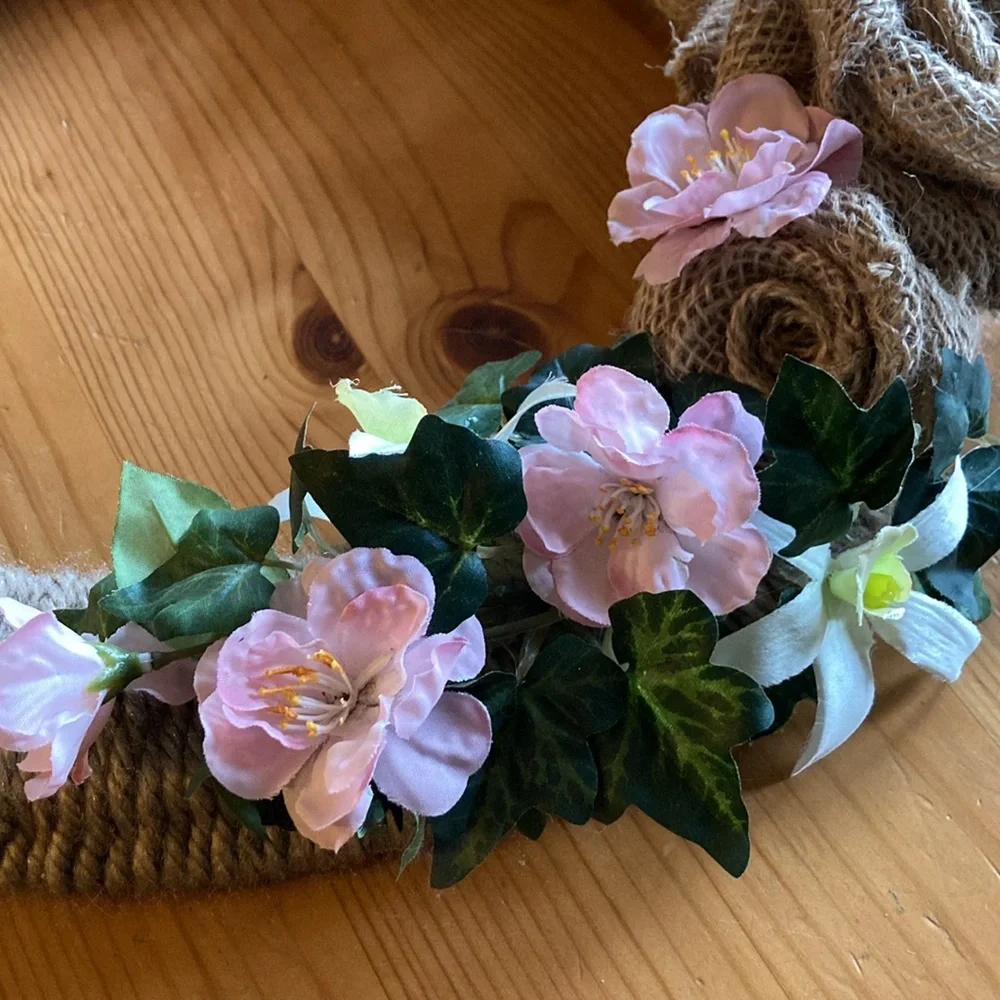 Unique handmade Spring Burlap Rose Floral Wreath, 16”, home decor, pink tan